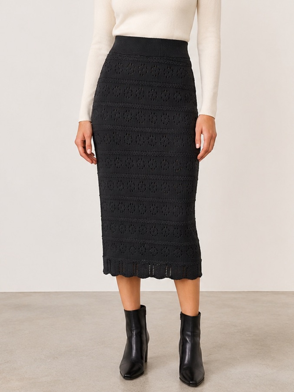 Willow & Wind Black Pointelle Knit Lined Midi Skirt XS